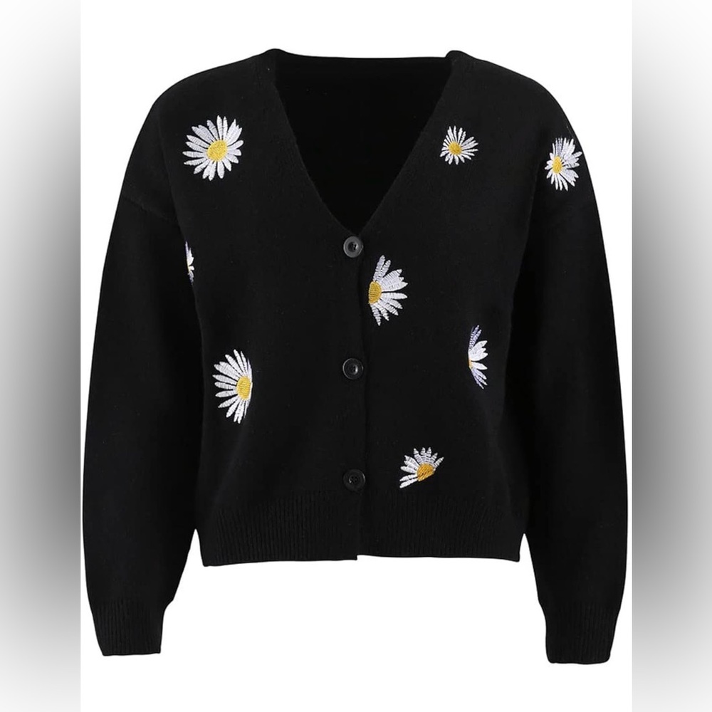 Floral Daisy Knit Cardigan Y2K Long Sleeve V Neck Cropped Daisy, Large - Picture 2 of 11